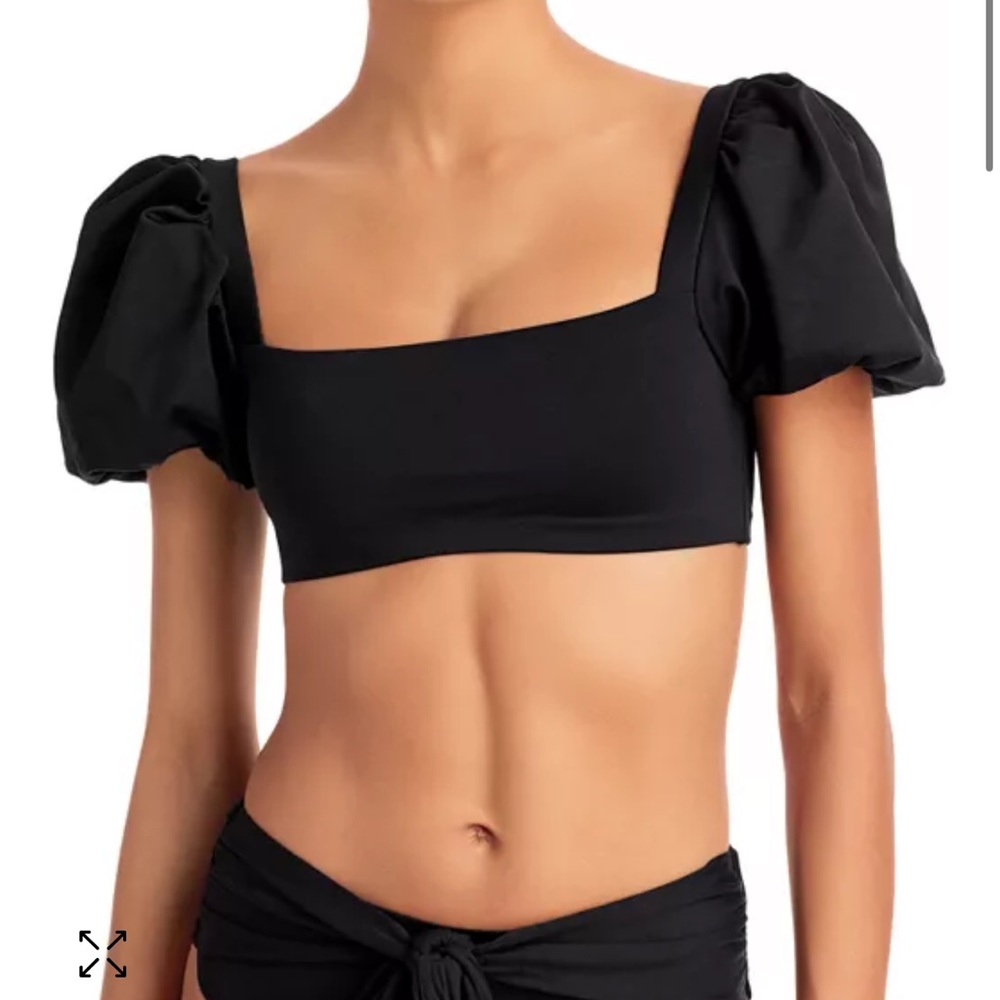NWT Agua Bendita Calista Puff-Sleeve Bikini Top in Black, XXL